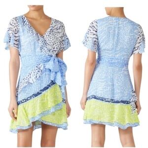 Tanya Taylor‎ Bianca faux Wrap Dress size 4 blue white summer vacation wedding